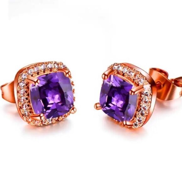 Purple Amethyst Diamond Zirconia Rose Gold Stud Luxury Earrings New In Gift Box - Picture 6 of 6